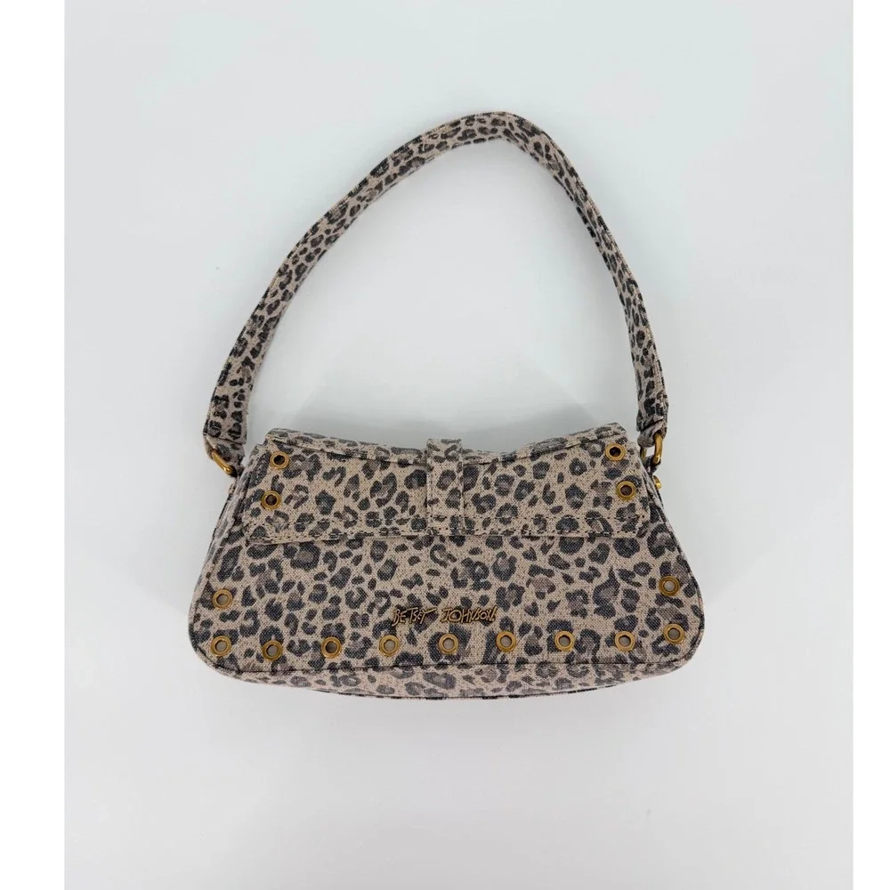 Betsey Johnson Leopard Print Baguette Shoulder Bag Grommet Western Buckle Tan